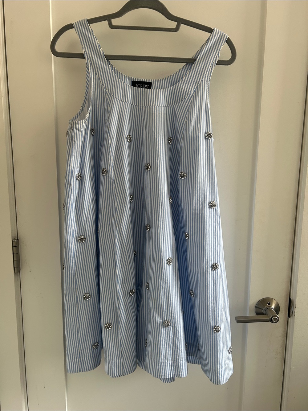 J. Crew Light Blue and White Striped Seersucker Embellished Swing tank dress